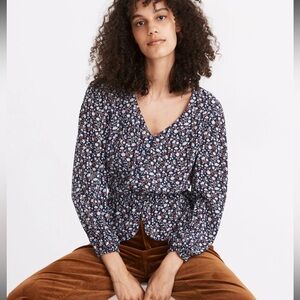 Madewell Blue Floral Silk Button-Front Peplum Top in Harvest Vine Size Medium